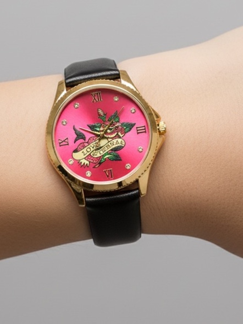 •Love Eternal• Ed Hardy Gold Tone Black Leather Strap Y2K Tattoo Style Watch - Picture 2 of 3